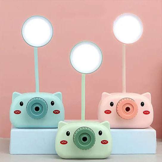 Snortie: Rechargeable LED Table Lamp with Cute Pig Design, Eye-Friendly Study Light with Pen Holder, Sharpener & Camera-Style Look for Kids’ Desk