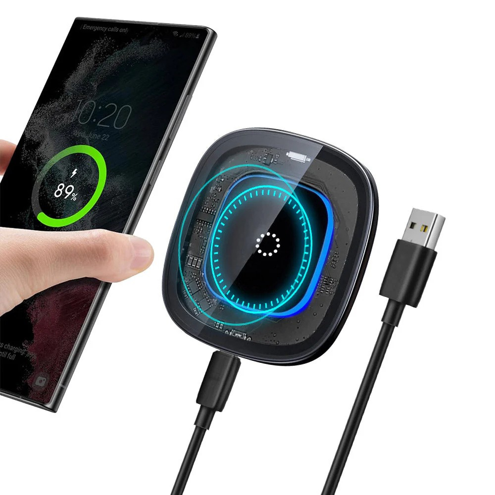 Voltique: 15W Transparent Wireless Charging Pad with LED Aura Ring – Fast Charging with Type-C Cable & Compatibility for iPhone 15–11 & All QI-Enabled Devices