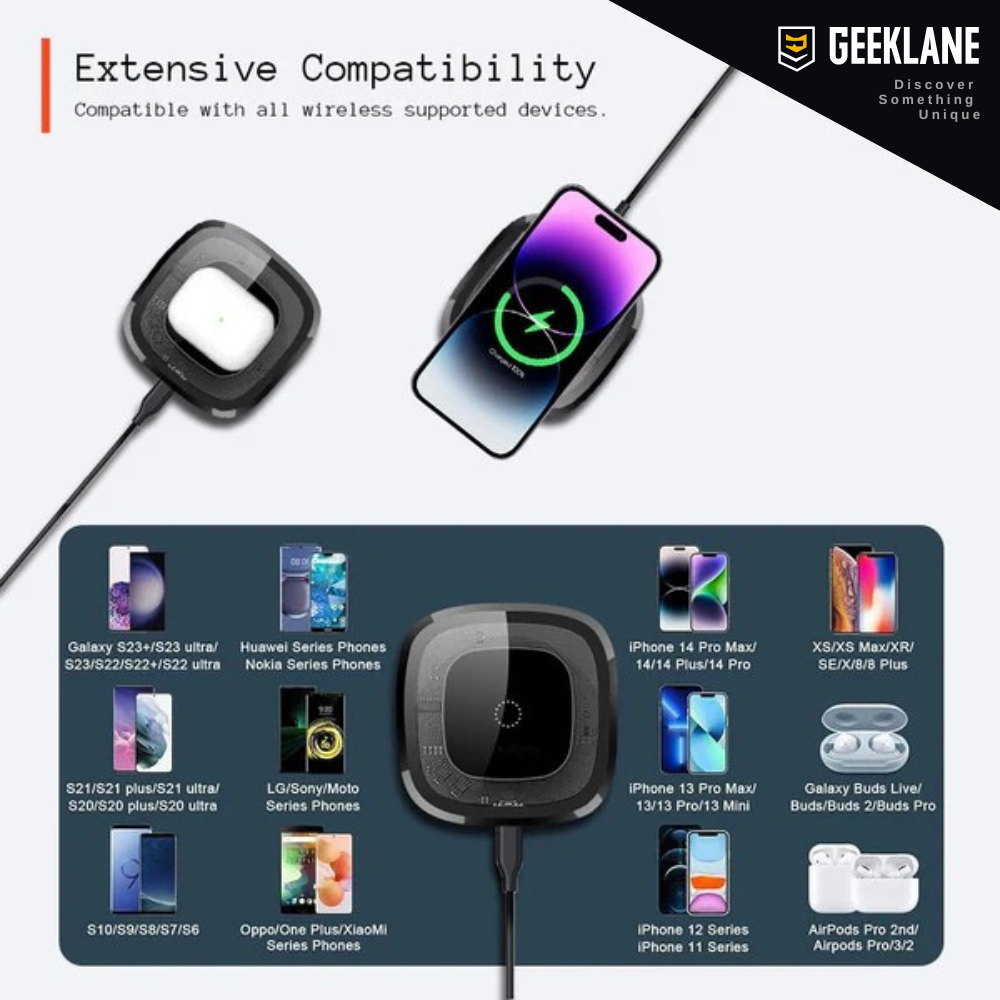 Voltique: 15W Transparent Wireless Charging Pad with LED Aura Ring – Fast Charging with Type-C Cable & Compatibility for iPhone 15–11 & All QI-Enabled Devices