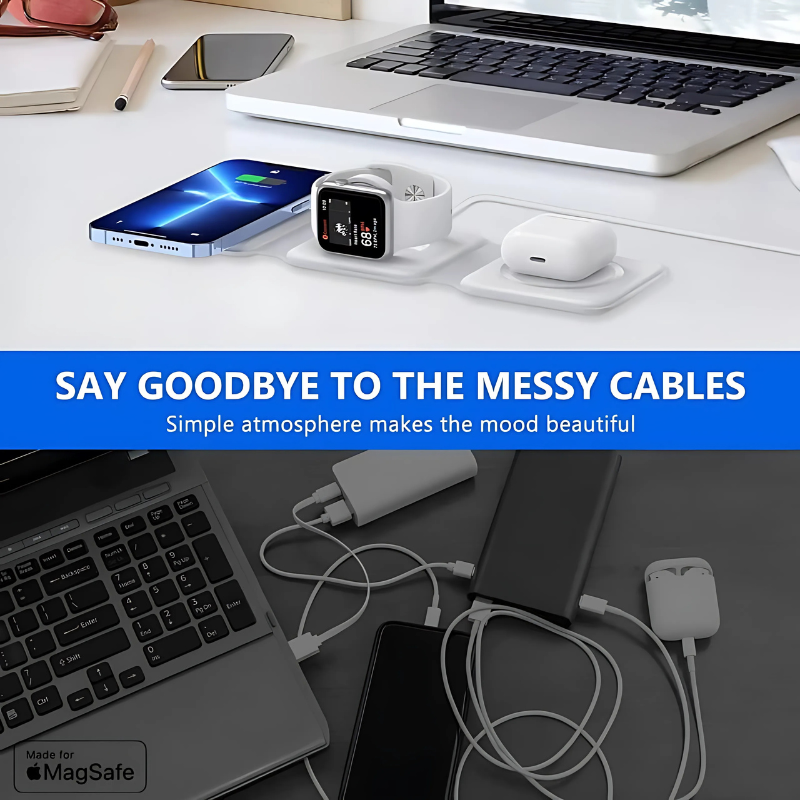 MagTrio: 3-in-1 Foldable MagSafe & Qi2 Compatible Wireless Charger with 15W Fast Charging for iPhone, AirPods & Apple Watch