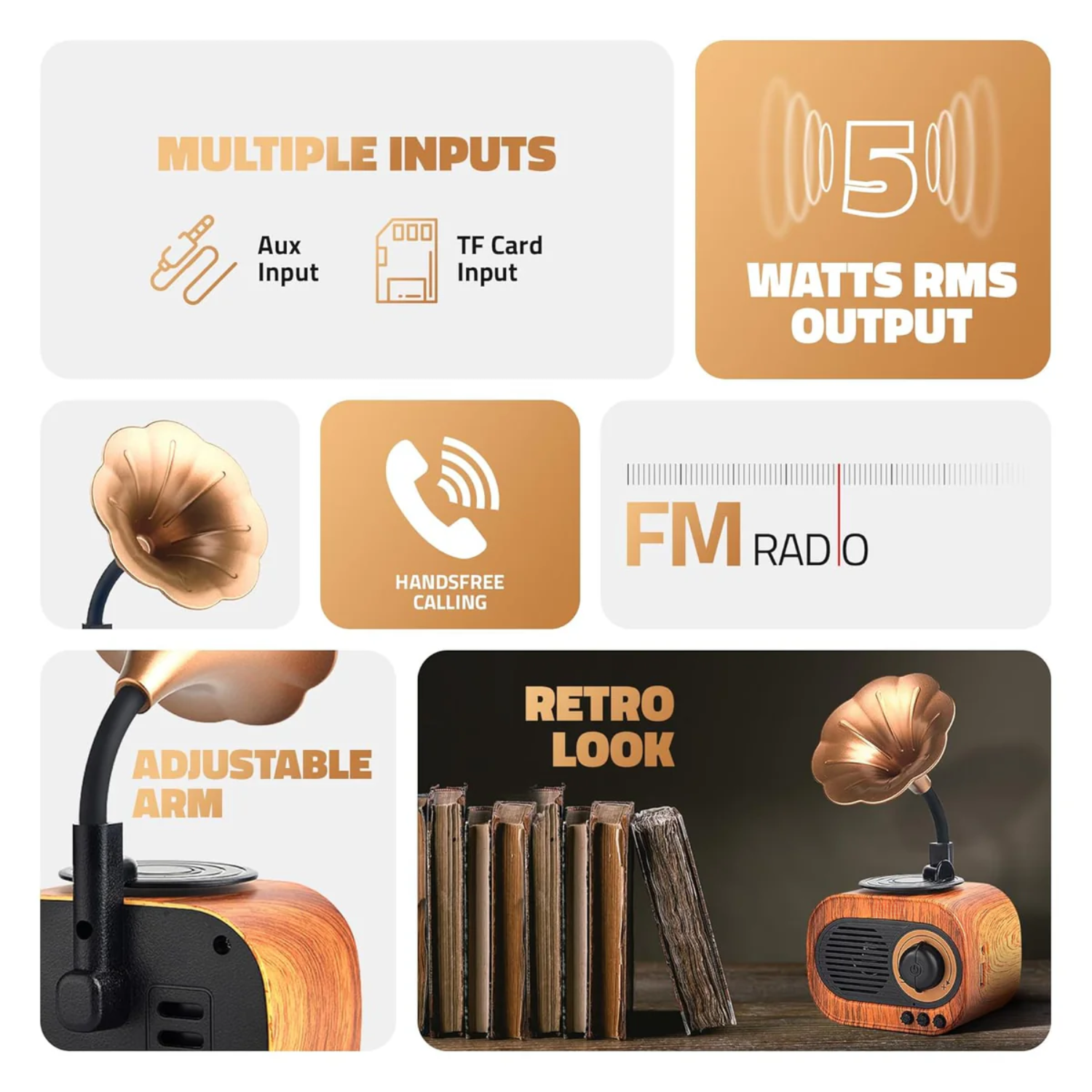 JukeMini: Retro Vinyl Bluetooth Speaker with Loud Sound, Physical Knob Control, FM Radio, USB & Aux, 5W Output, Vintage Design & Hands-Free Calling