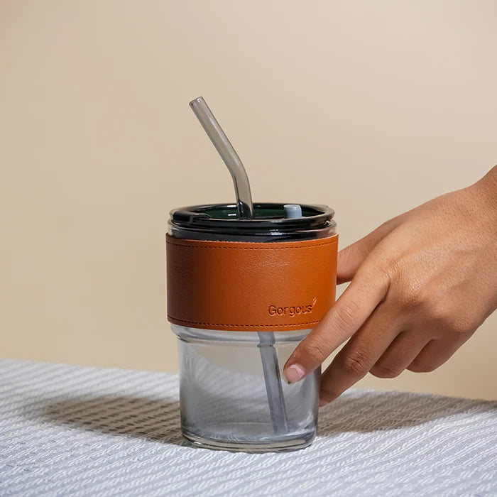 SipMate: Glass Tumbler with Lid, Straw & Leather Sleeve – Perfect for Coffee, Tea, Juice & Everyday Hydration