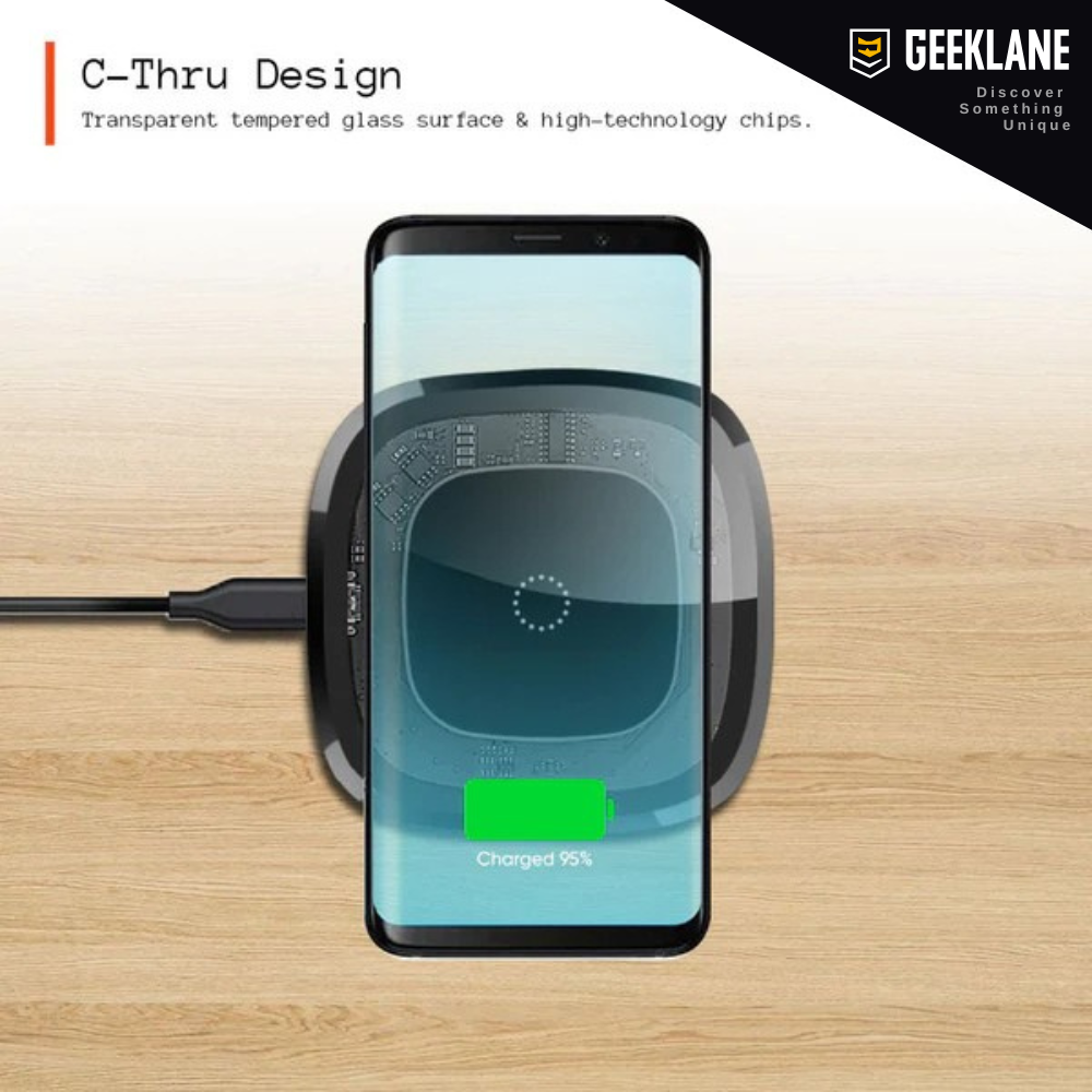 Voltique: 15W Transparent Wireless Charging Pad with LED Aura Ring – Fast Charging with Type-C Cable & Compatibility for iPhone 15–11 & All QI-Enabled Devices