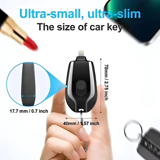 Klyp: 1500mAh Keychain Power Bank(1500mAh) Compact Emergency Charger with Built-In Connector for iPhone & Type-C Devices, Pocket-Friendly & Rechargeable