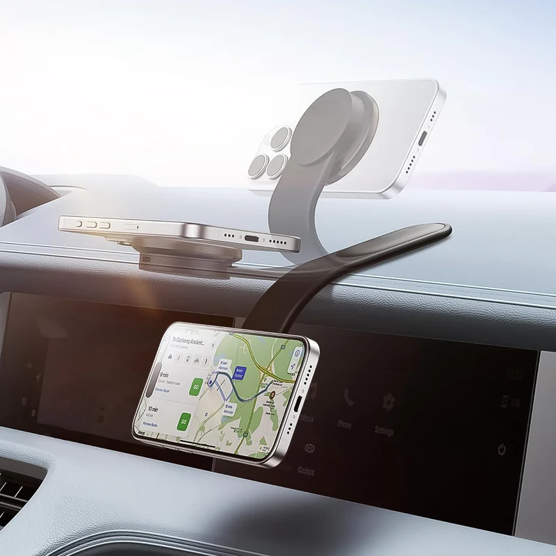 Magnum: Sleek Memory Metal 15W MagSafe Wireless Car Charger & Magnetic Phone Holder with Ultra-Strong Grip, Flexible Aluminum Bendable Arm & Dashboard Mount