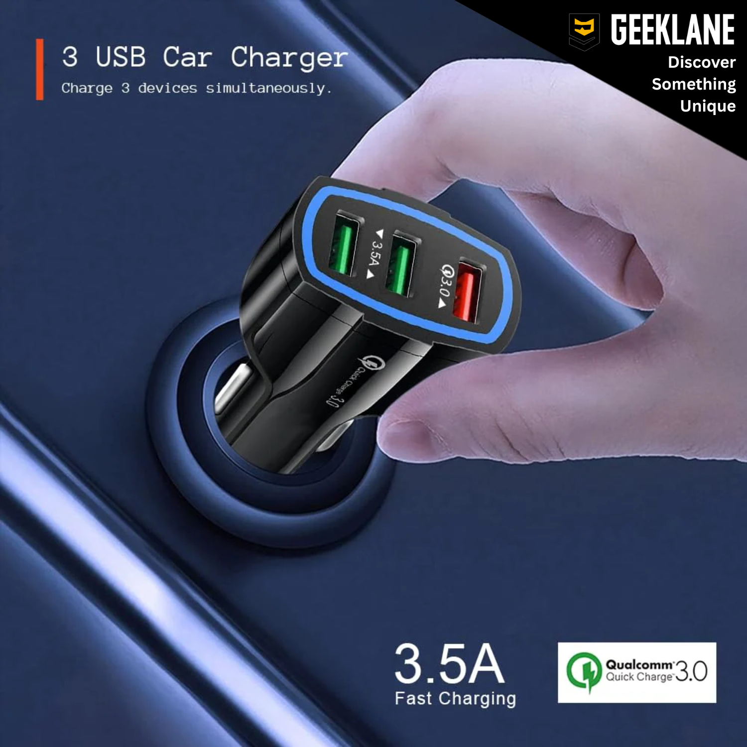 Voltio: Dual USB Car Charger with Smart Fast Charging & Device Protection, 15W Multi-Port Car Charger with 3 USB-A Outputs, QC 3.0 Support & Smart Chipset