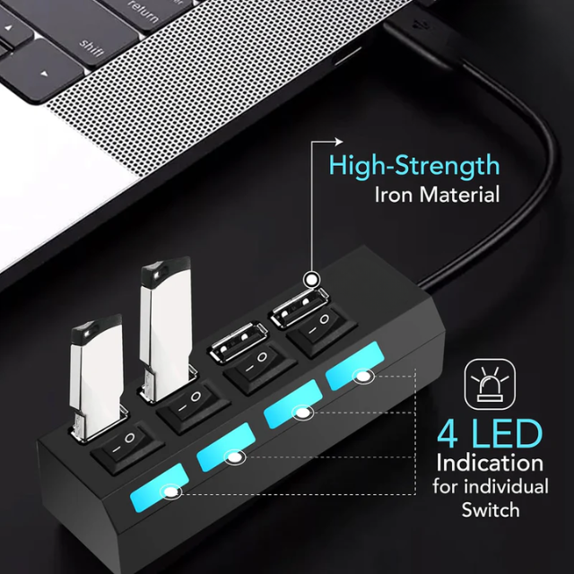 QuickHub: 4-Port USB 2.0 Hub with Power Switches, LED Indicators, 480 Mbps Transfer Speed & Fuse Protection