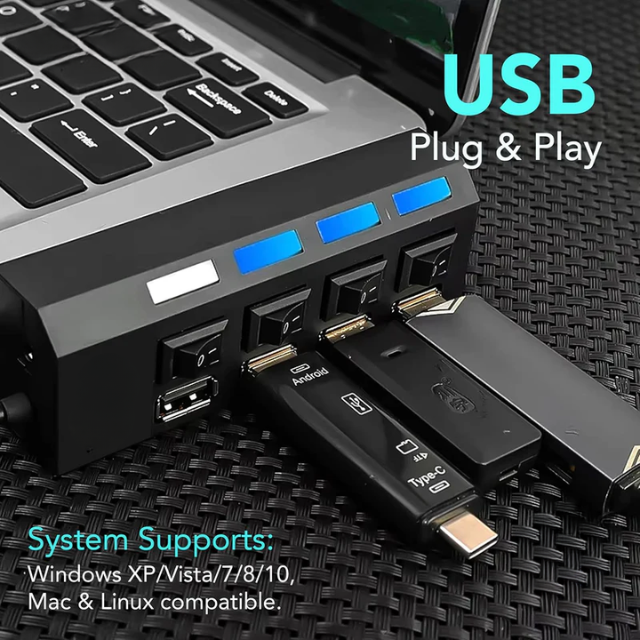QuickHub: 4-Port USB 2.0 Hub with Power Switches, LED Indicators, 480 Mbps Transfer Speed & Fuse Protection