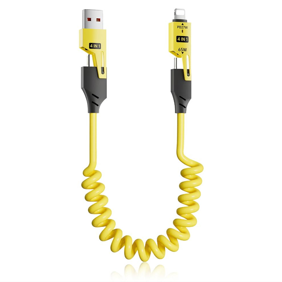 Coolio: 4-in-1 Coiled Fast Charging Cable with USB-A, Type-C & Lightning Connectors – 65W Spring Design for Travel, Car & Multi-Device Use