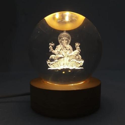 Ganpati: 3D LED Ganpati Ji Crystal Ball Night Lamp with USB-Powered Colorful Glow & Wooden Base for Home, Mandir & Office Décor