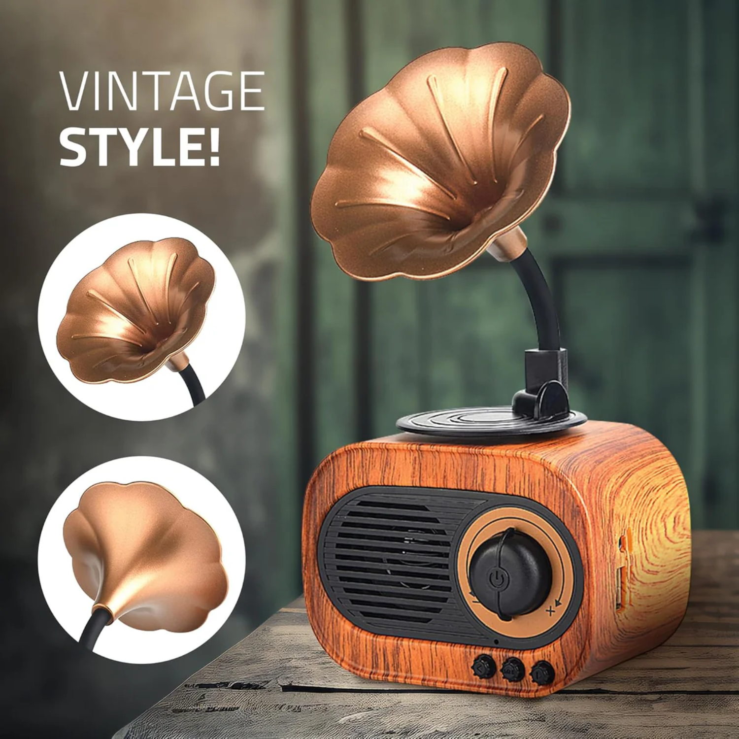 JukeMini: Retro Vinyl Bluetooth Speaker with Loud Sound, Physical Knob Control, FM Radio, USB & Aux, 5W Output, Vintage Design & Hands-Free Calling