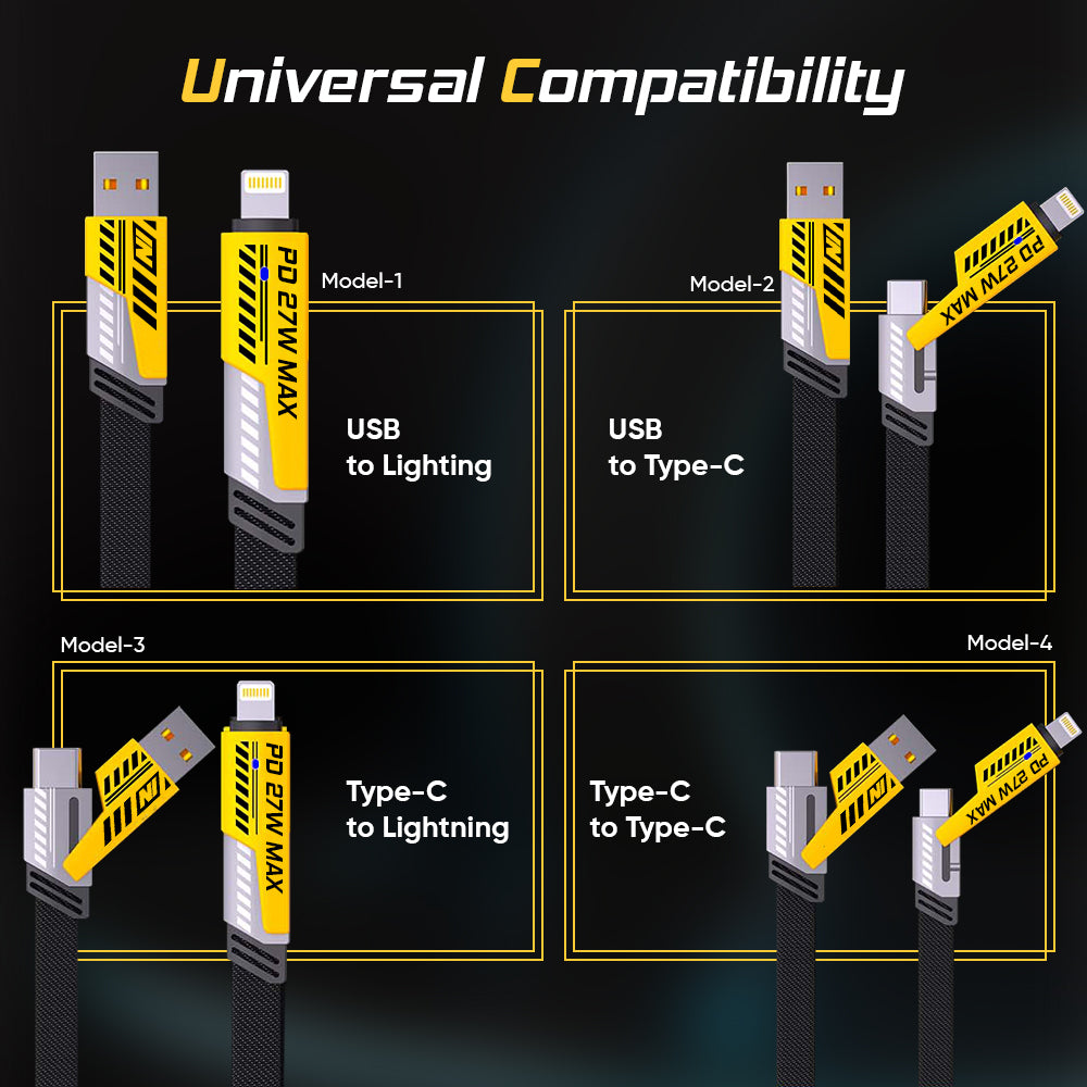 SpeedLink: 4-in-1 65W Fast Charging Data Cable with USB-A, Type-C & Lightning Connectors for High-Speed Charging & Data Transfer