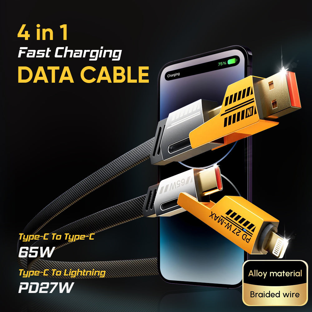 SpeedLink: 4-in-1 65W Fast Charging Data Cable with USB-A, Type-C & Lightning Connectors for High-Speed Charging & Data Transfer