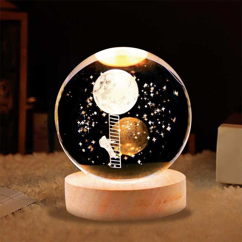 Climb: 3D LED Crystal Ball Night Lamp – Engraved Holographic Light with USB & Wooden Base for Home Décor, Office & Bedroom