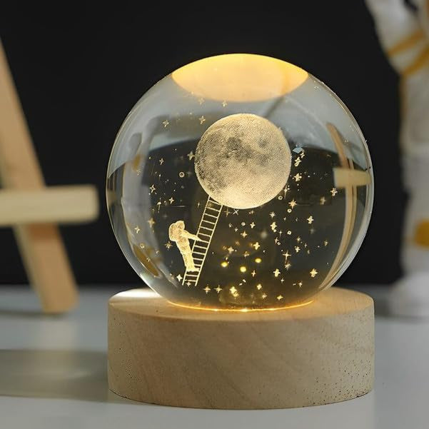 Climb: 3D LED Crystal Ball Night Lamp – Engraved Holographic Light with USB & Wooden Base for Home Décor, Office & Bedroom