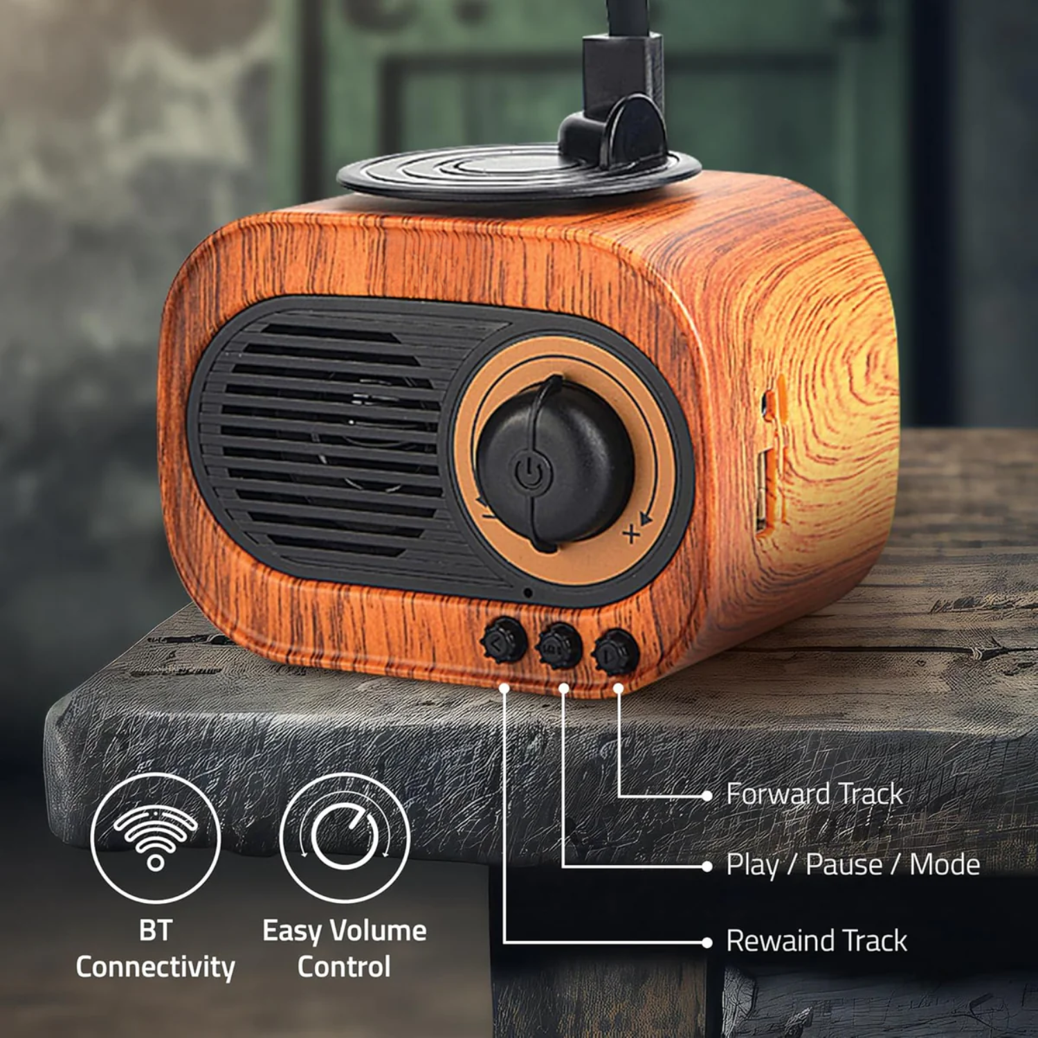 JukeMini: Retro Vinyl Bluetooth Speaker with Loud Sound, Physical Knob Control, FM Radio, USB & Aux, 5W Output, Vintage Design & Hands-Free Calling