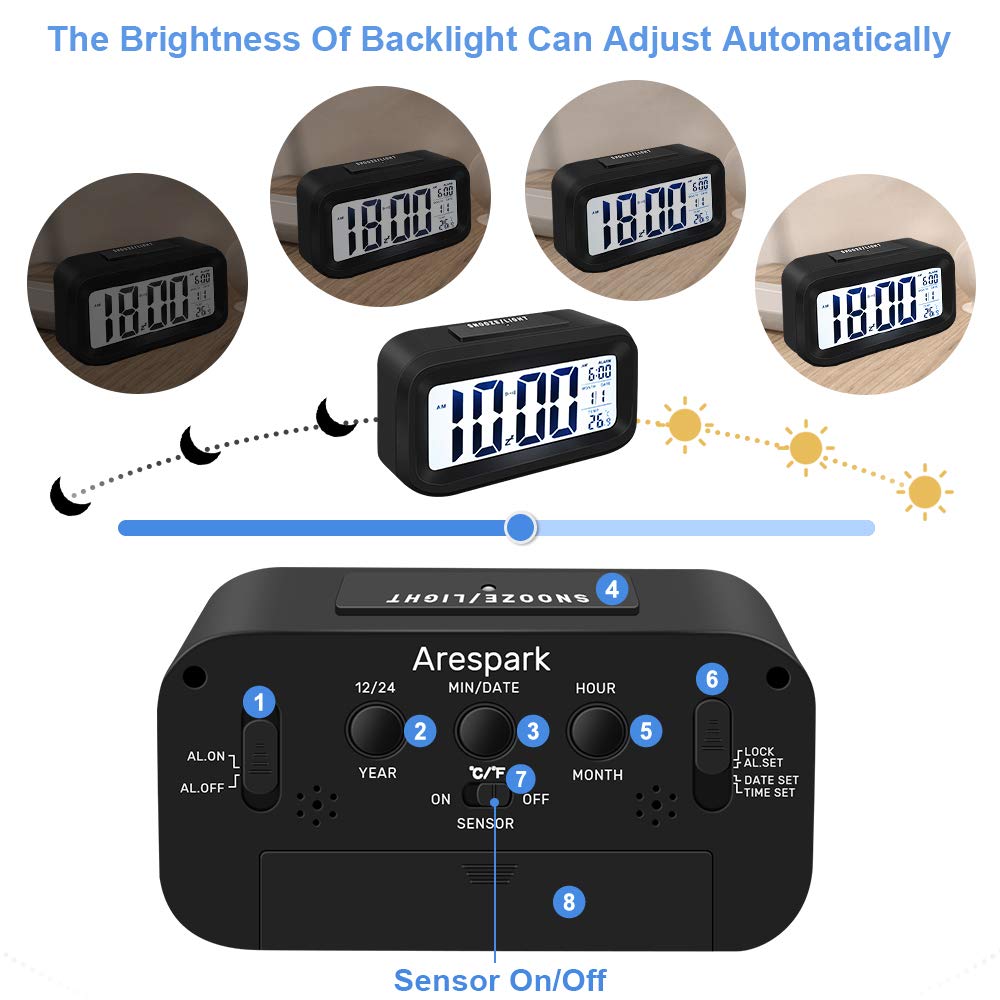 Snoozy: LCD Digital Alarm Clock with Multifunction Display, Large Screen Desk & Travel Clock with Snooze, Date, Temperature & Night Light