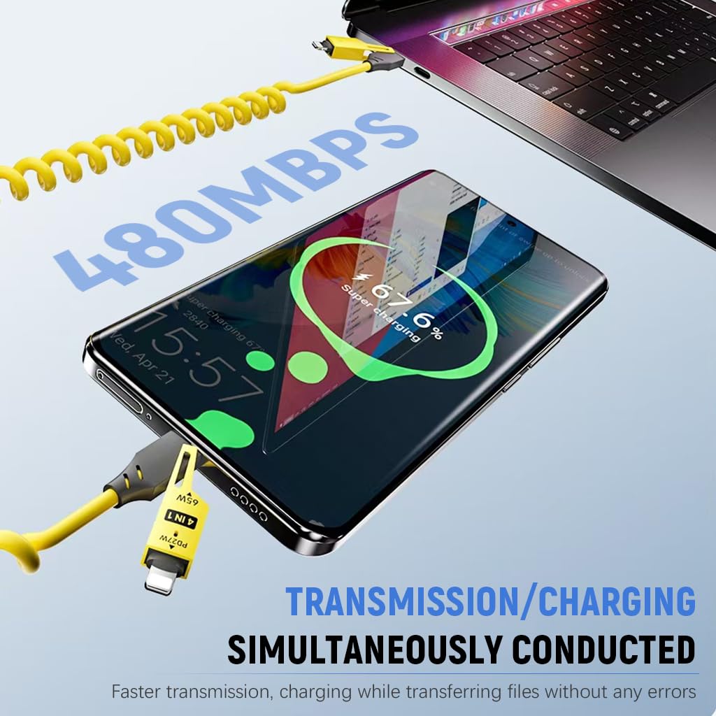 Coolio: 4-in-1 Coiled Fast Charging Cable with USB-A, Type-C & Lightning Connectors – 65W Spring Design for Travel, Car & Multi-Device Use