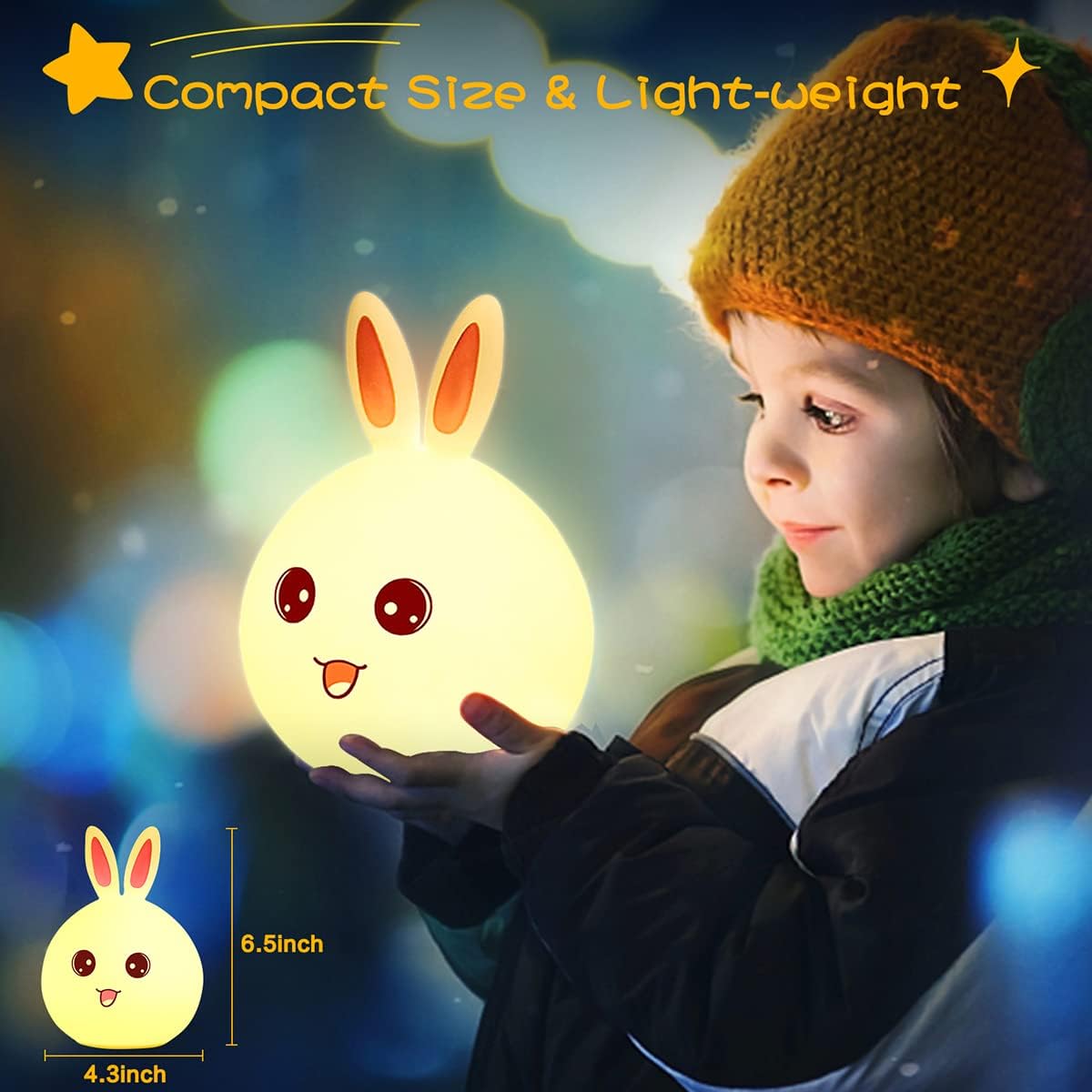 Bunny: Adorable Silicone Bunny Night Light with 7-Color Tap LED Glow, USB Rechargeable & Soft Lighting for Kids’ Room & Gifting
