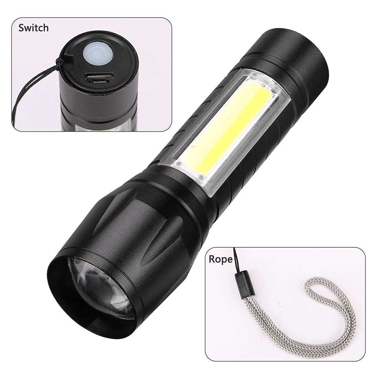 Flashy: 2-in-1 Rechargeable LED Flashlight with Adjustable Zoom & COB Side Light, Mini Pocket Torch with 3 Modes for Camping, Hiking & Emergency Use