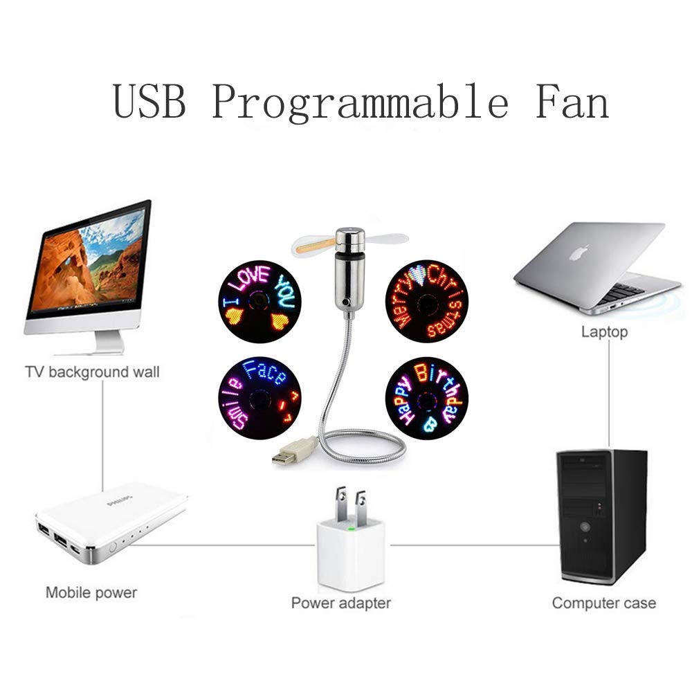 MsgFan: USB Powered LED Fan with Custom Message Programmable Display & Flexible Gooseneck, Ideal for Romantic, Cute Messages & Gifting with Clock