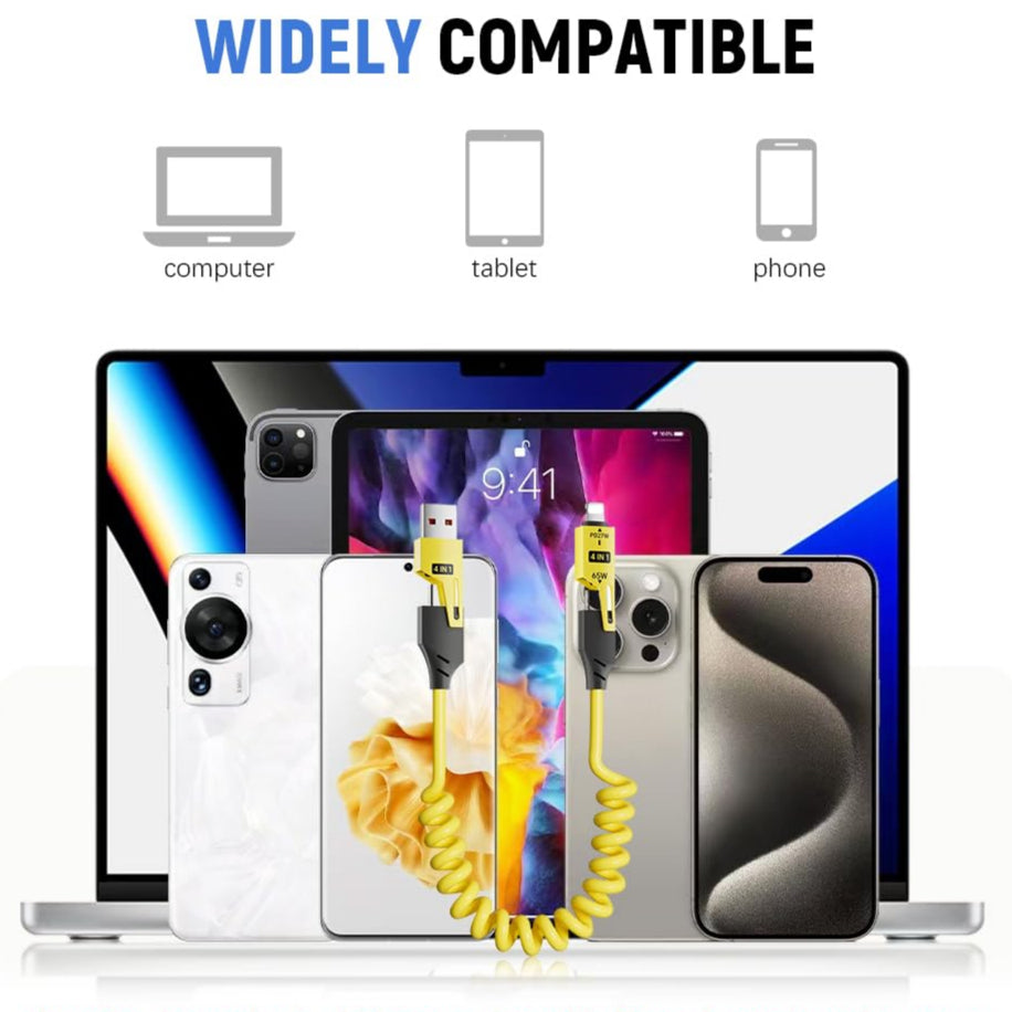 Coolio: 4-in-1 Coiled Fast Charging Cable with USB-A, Type-C & Lightning Connectors – 65W Spring Design for Travel, Car & Multi-Device Use