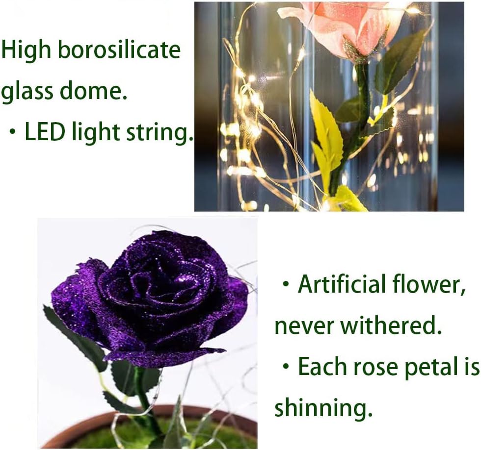 Forever: Enchanted Purple Glass Rose with Removable Dome & USB-Powered LED Fairy Light for Romantic Décor & Gifting