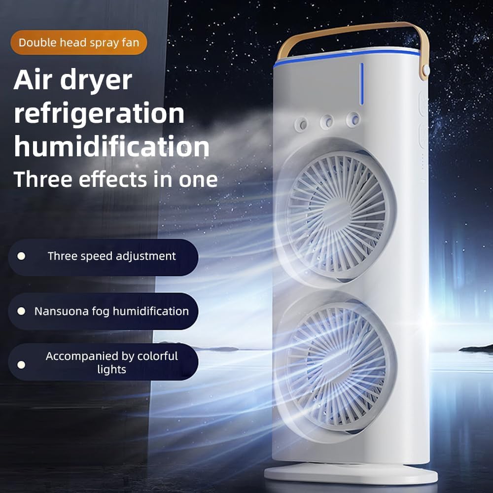Breezo: Rechargeable Dual-Fan Air Cooler with Mist Spray – High Power Oscillating Mini AC with Remote, USB-C Charging, RGB Lights & Cold Air Blower for Home & Travel