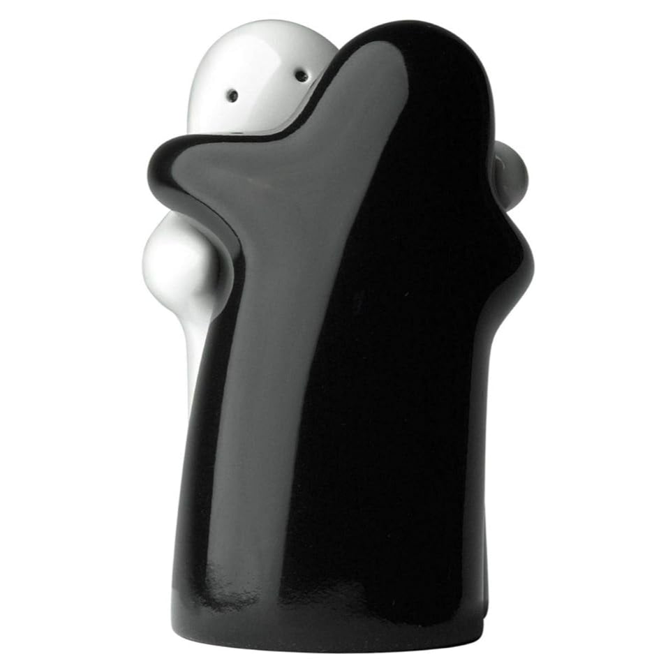 Spooki: Ceramic Salt & Pepper Shaker Set with Cute Hug Design, Easy Refill & Dispense, Black & White Couple Seasoning Jars for Dining, Kitchen & Gift Décor