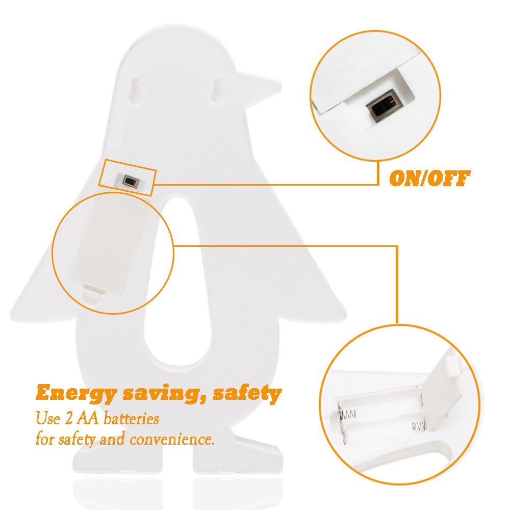 Pengo: Cute Penguin Design Marquee LED Night Light with Battery-Powered Decorative Lamp for Kids’ Room, Bedroom Wall or Table Décor