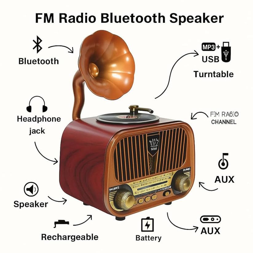 Grammy: Retro Gramophone Bluetooth Speaker with Classic Horn Design, Portable Music Player with FM/AM/SW Radio, USB & TF Card Support, Deep Bass Sound