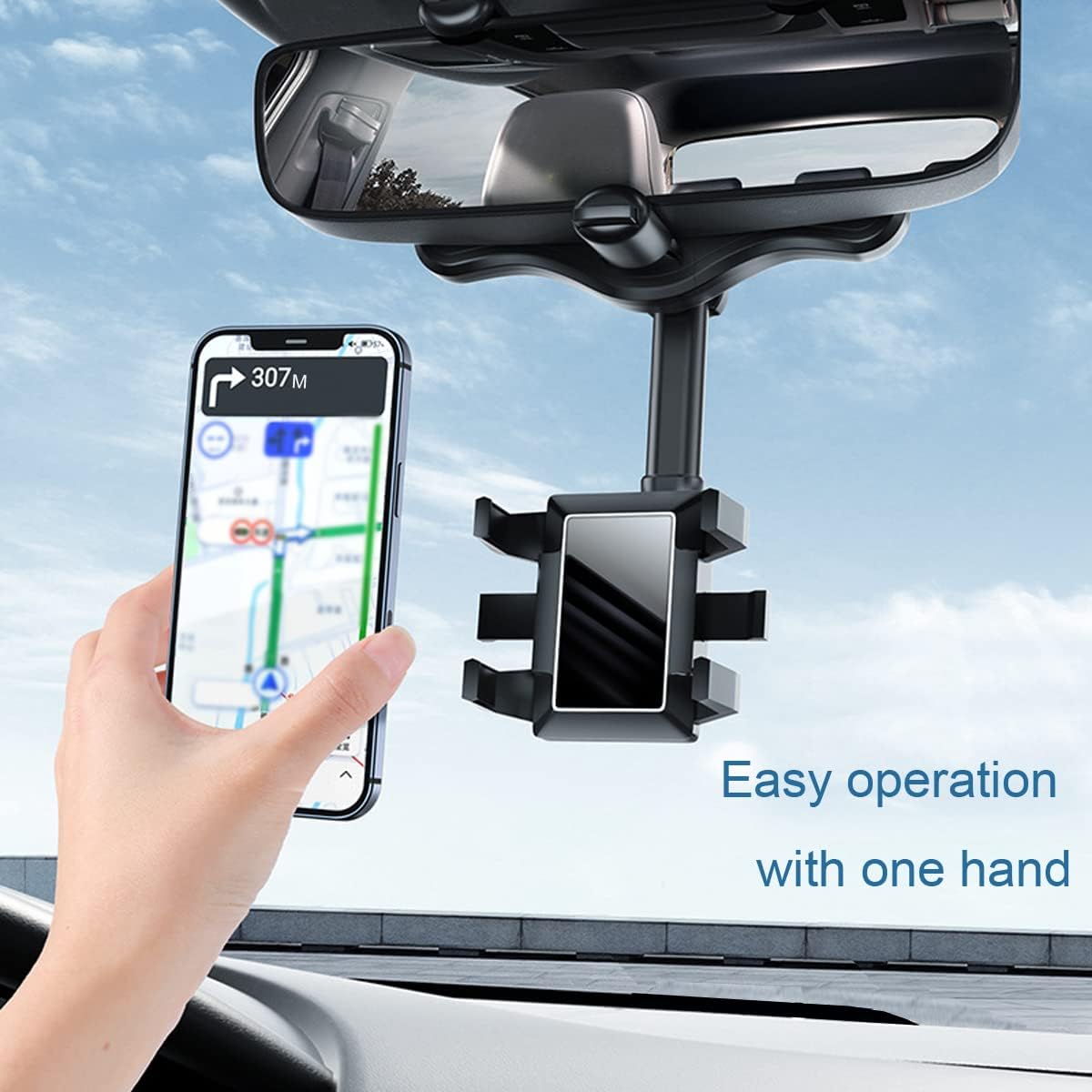 MirrorGrip: 60° Rotating Rearview Mirror Phone Holder with Anti-Shake Cradle & Adjustable Mount for Safe Driving
