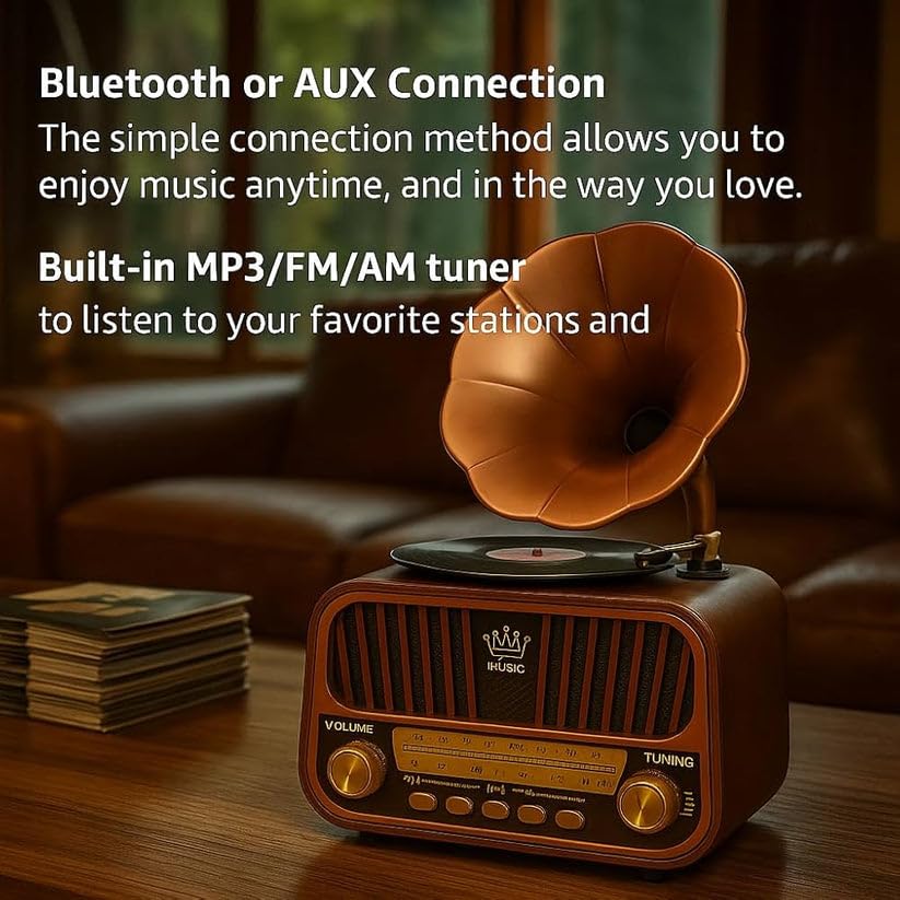 Grammy: Retro Gramophone Bluetooth Speaker with Classic Horn Design, Portable Music Player with FM/AM/SW Radio, USB & TF Card Support, Deep Bass Sound