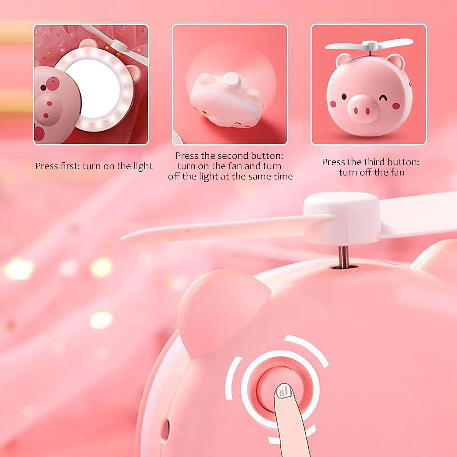 Snouty: 2-in-1 USB Rechargeable Piggy Mini Fan with LED Mirror Light, Cute Handheld Makeup Mirror & Portable Cooling Fan for Daily Use & Travel