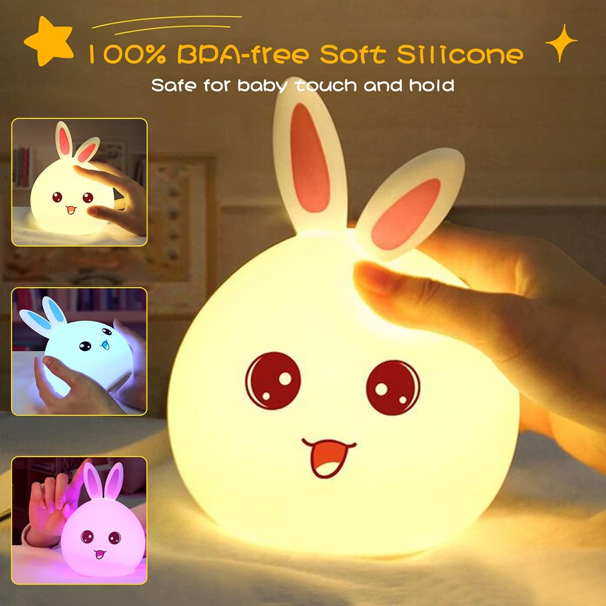 Bunny: Adorable Silicone Bunny Night Light with 7-Color Tap LED Glow, USB Rechargeable & Soft Lighting for Kids’ Room & Gifting