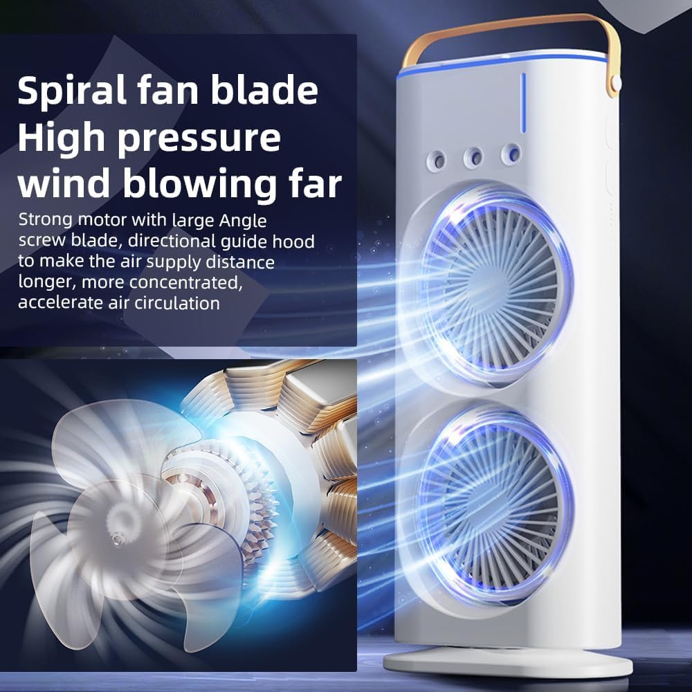 Breezo: Rechargeable Dual-Fan Air Cooler with Mist Spray – High Power Oscillating Mini AC with Remote, USB-C Charging, RGB Lights & Cold Air Blower for Home & Travel