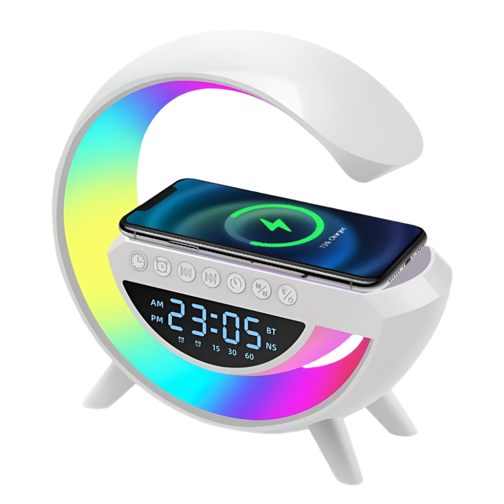Gooble: Full Size G-Shaped RGB Atmosphere Lamp with 15W Wireless Charger, Bluetooth Speaker, Clock Interactive Desk Light for Bedside Room Décor