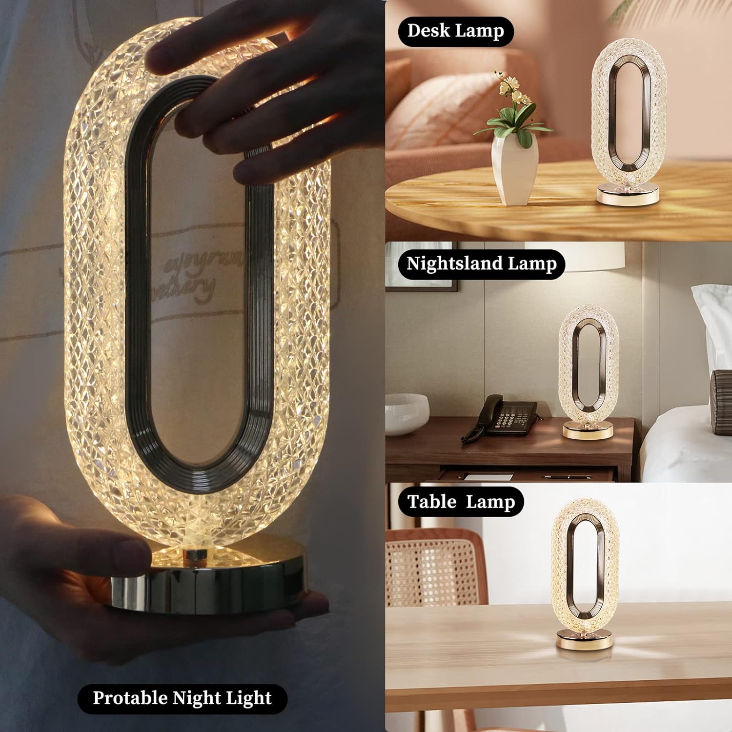 Crysta: Dimmable Touch Control Crystal Table Lamp with USB Rechargeable LED & Elegant Oval Design for Home, Bedroom & Décor