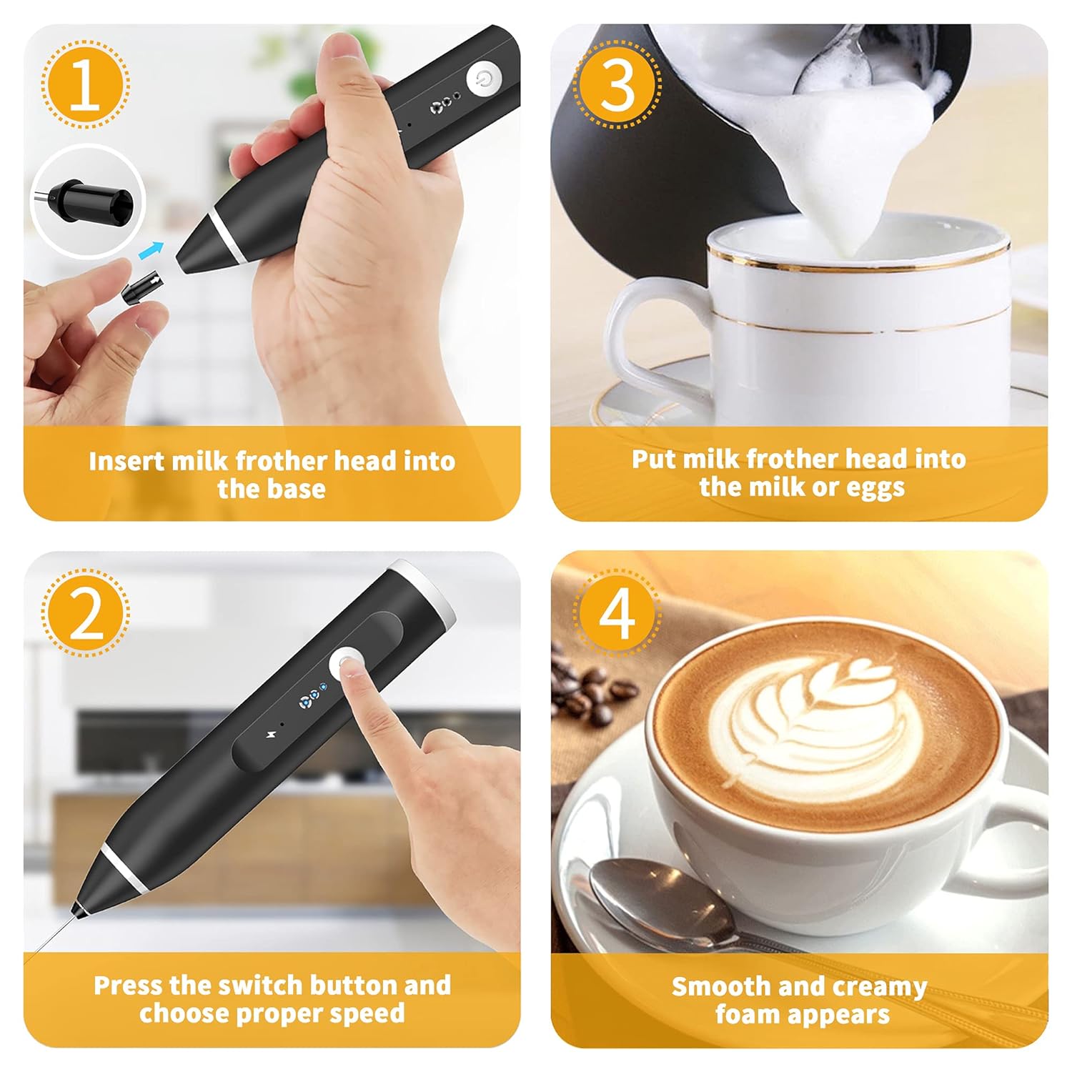 Baristix: Powerful Rechargeable Milk Frother & Beater with 3 Adjustable Speeds & 2 attachments, Handheld Frother for Coffee, Latte, Hot Chocolate & Eggs