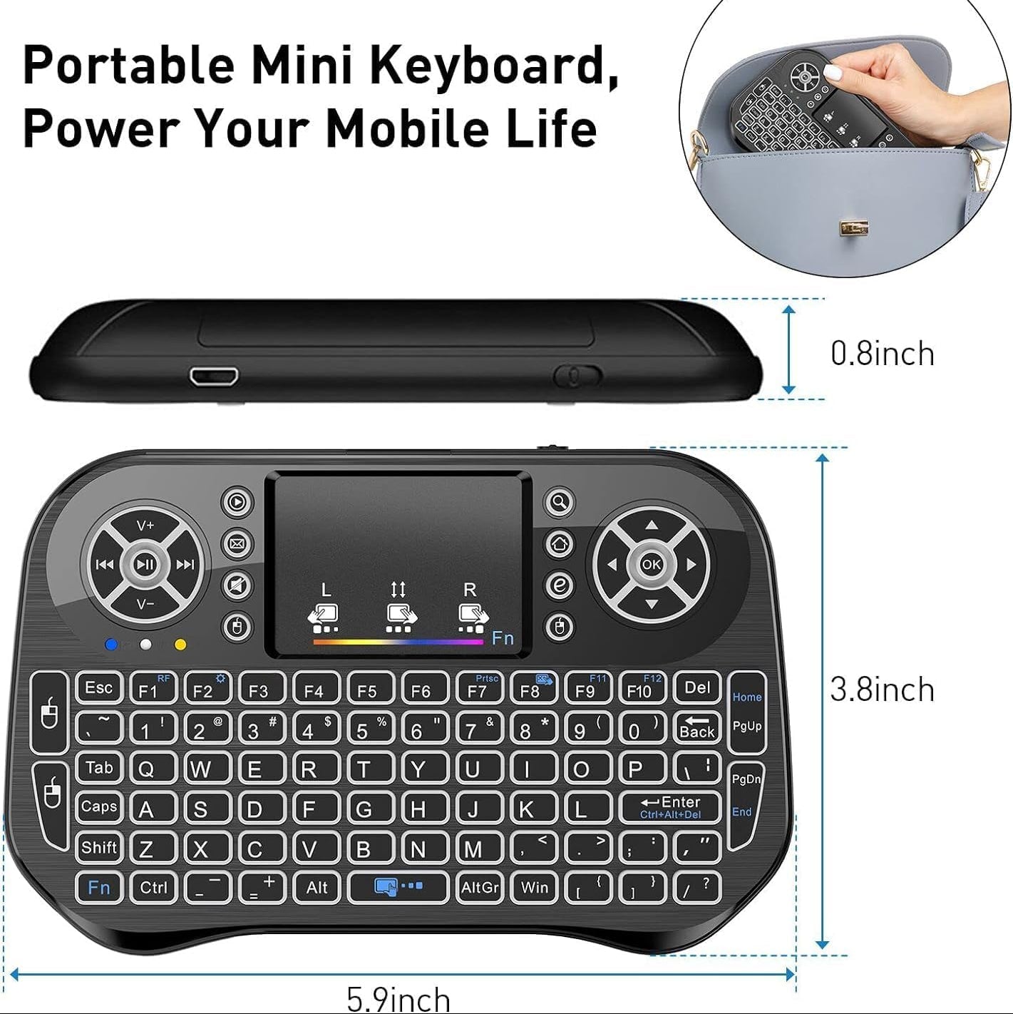 Keyboo: Handheld Mini Wireless Keyboard & Mouse with Bluetooth & USB Dongle, Rechargeable Backlit Remote for Smart TV, Android TV Box, PC & Mobile