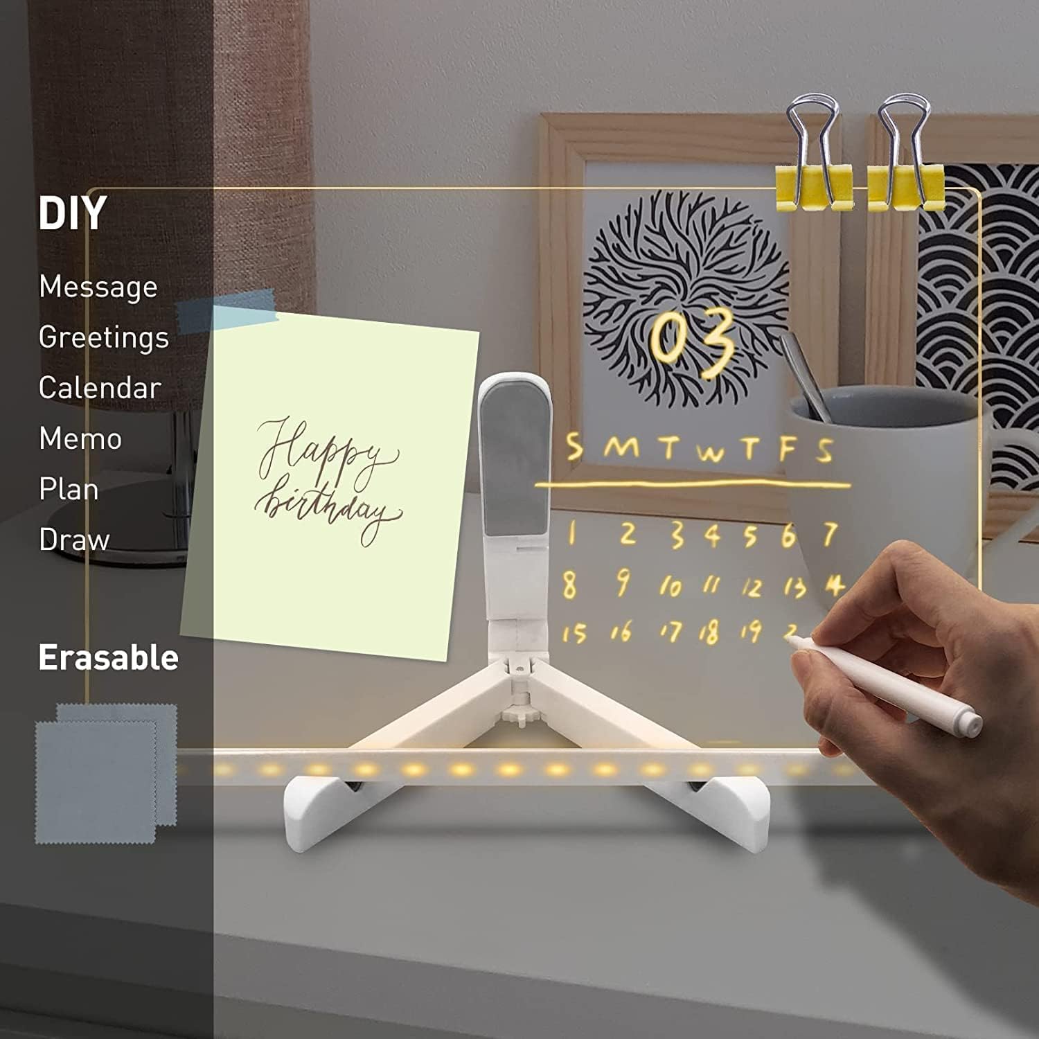 Gleam: LED Message Sketch Board & Night Lamp with Acrylic Dry Erase Surface, Stand & 13 Glow Pens for Home, Office & Gifting