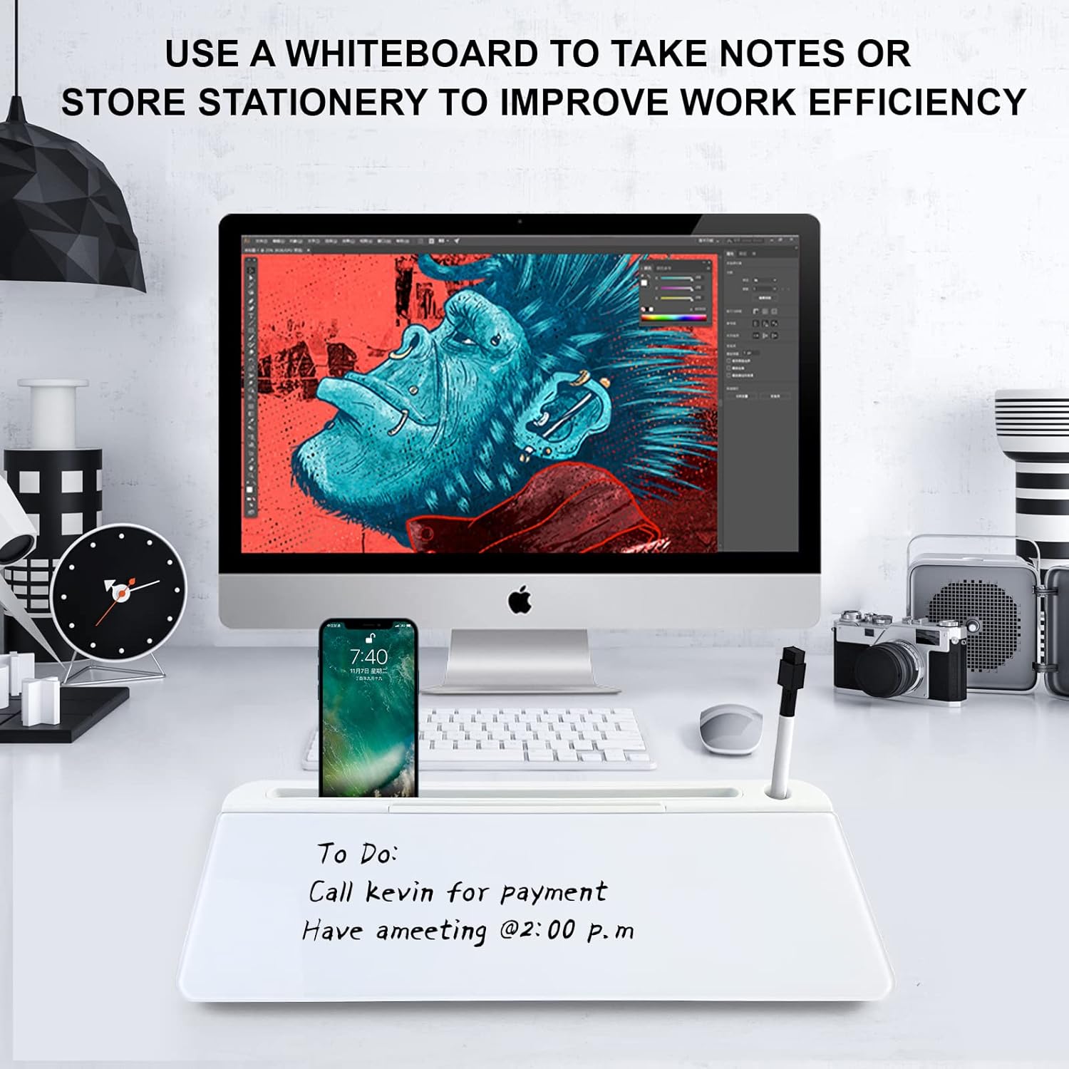 Deskie: Versatile Desktop White Board & Organizer with Glass Writing Board, Storage & Phone/Tablet Stand, for Home & Office