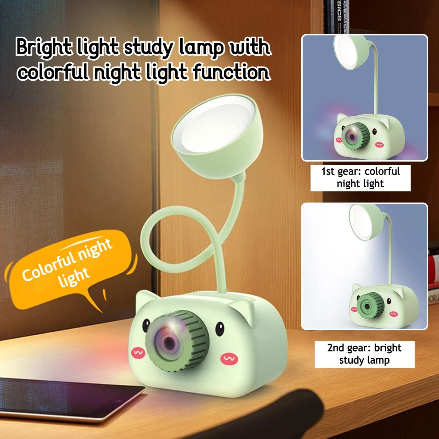 Snortie: Rechargeable LED Table Lamp with Cute Pig Design, Eye-Friendly Study Light with Pen Holder, Sharpener & Camera-Style Look for Kids’ Desk