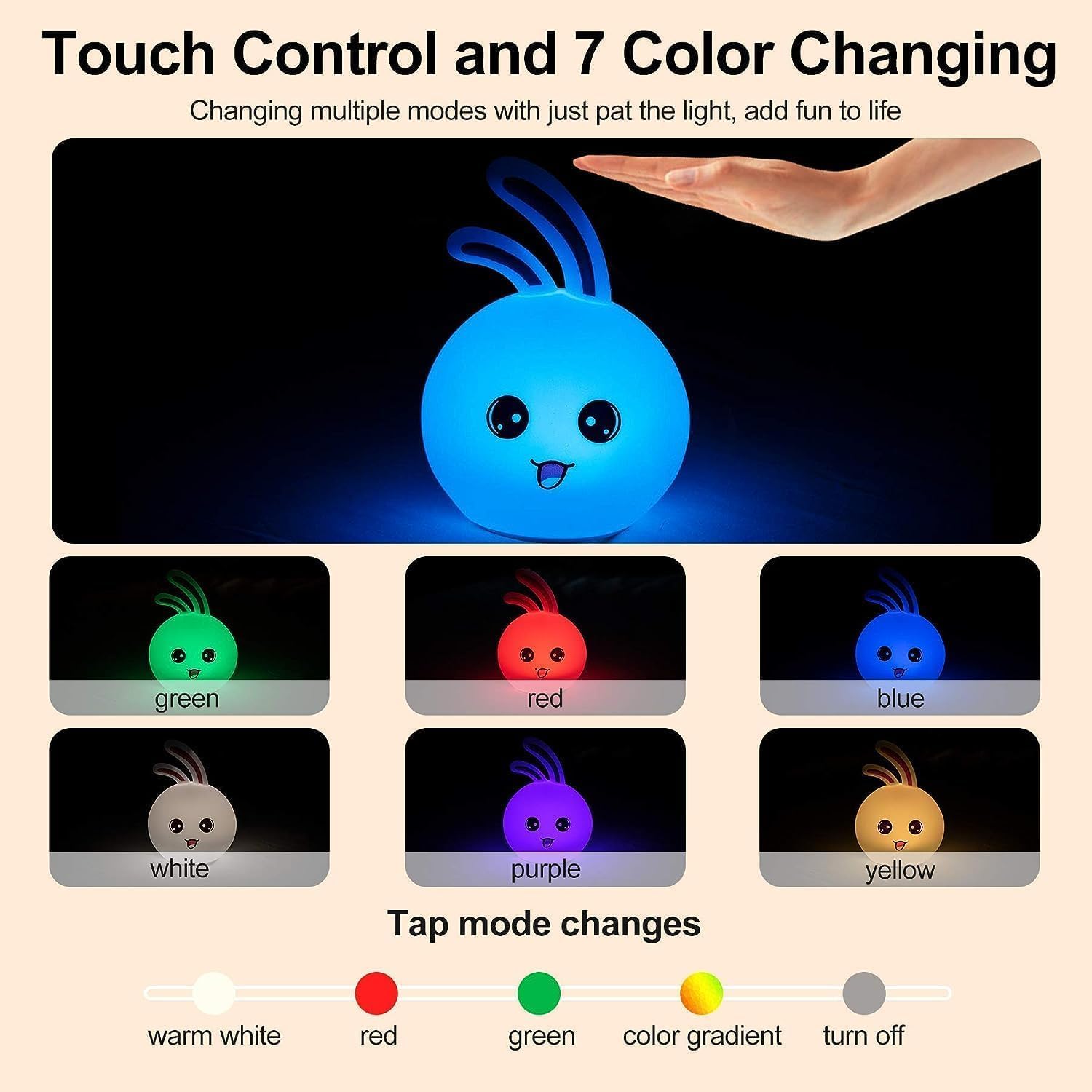 Bunny: Adorable Silicone Bunny Night Light with 7-Color Tap LED Glow, USB Rechargeable & Soft Lighting for Kids’ Room & Gifting