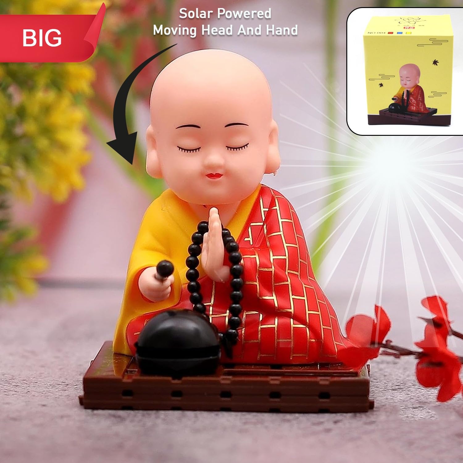 Bodhi: Solar-Powered Moving Buddha Statue, Decorative Dashboard & Tabletop Figurine with Nodding Head and Hand, Perfect for Car, Home & Office Decor Gifting