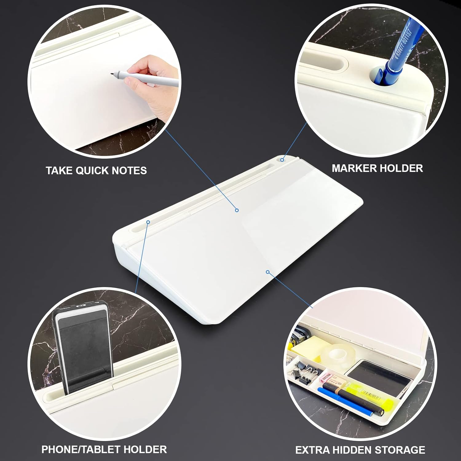 Deskie: Versatile Desktop White Board & Organizer with Glass Writing Board, Storage & Phone/Tablet Stand, for Home & Office