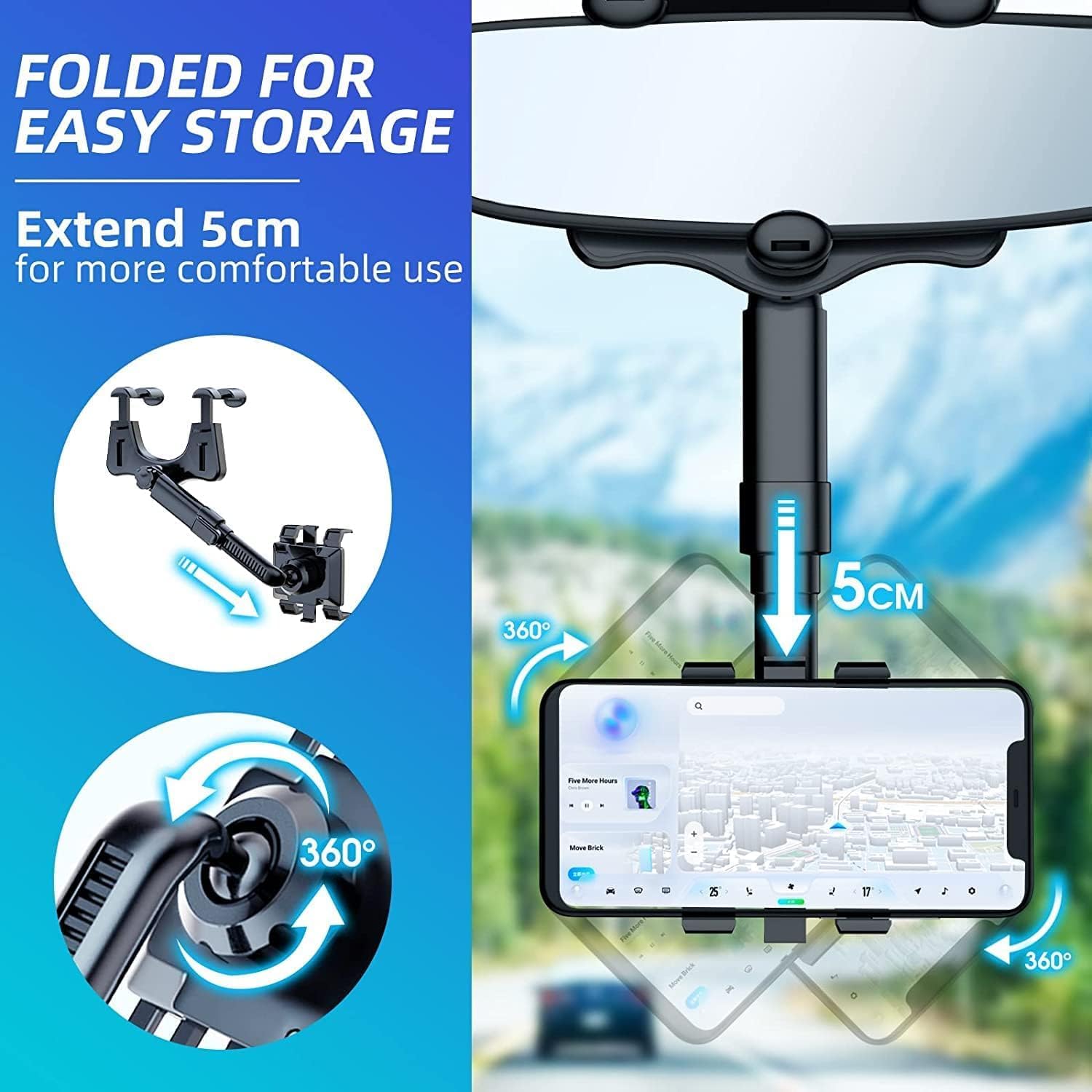 MirrorGrip: 60° Rotating Rearview Mirror Phone Holder with Anti-Shake Cradle & Adjustable Mount for Safe Driving