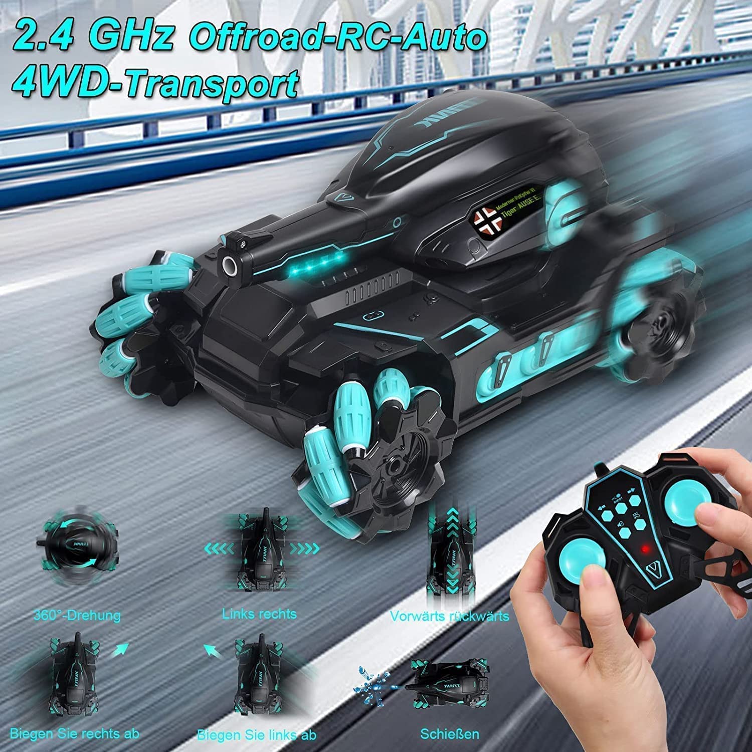 Tanko: RC Battle Car with Gesture Control & 360° Rotating Turret, Water Bullet Shooting, 4WD, High-Speed Drift & Rechargeable Battery