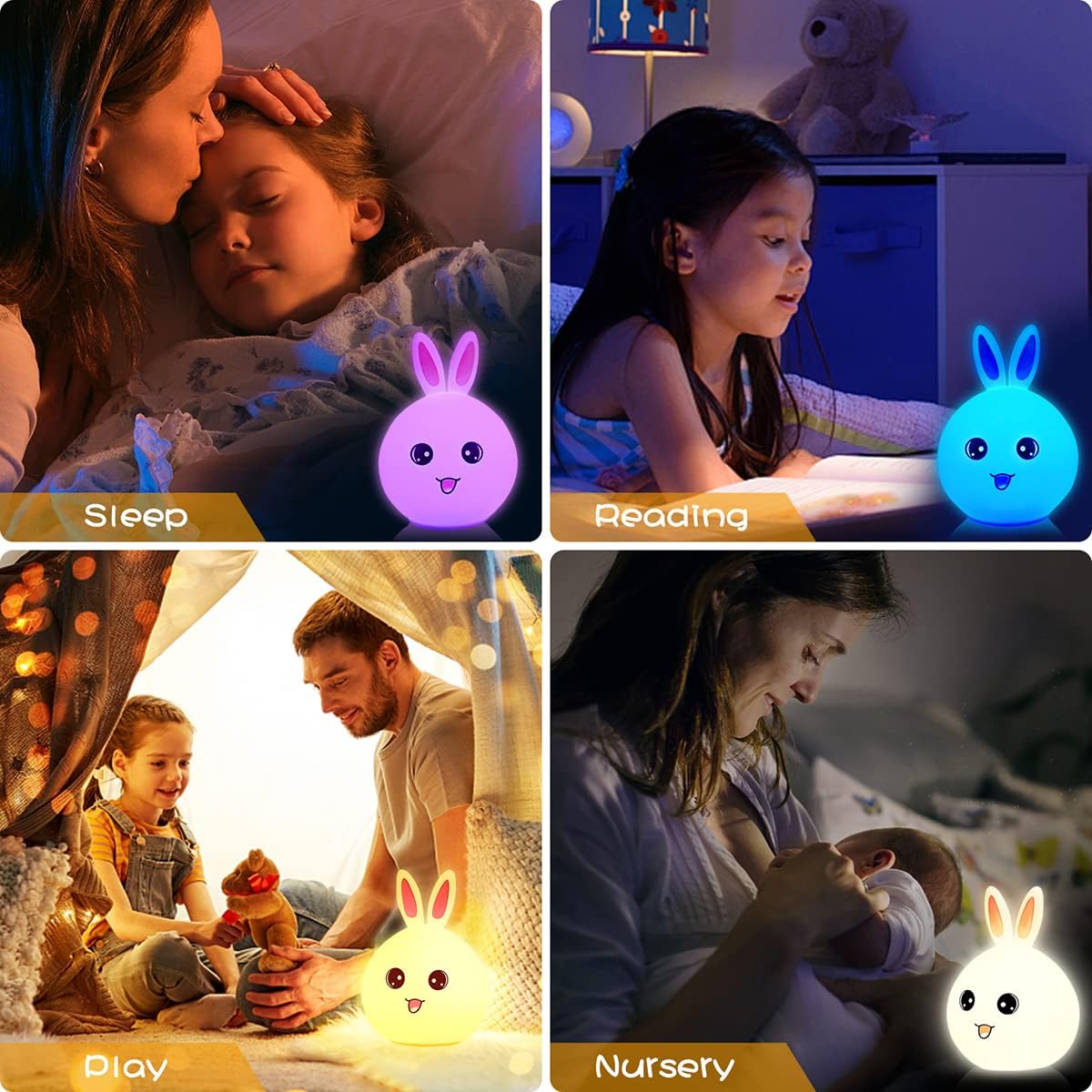 Bunny: Adorable Silicone Bunny Night Light with 7-Color Tap LED Glow, USB Rechargeable & Soft Lighting for Kids’ Room & Gifting