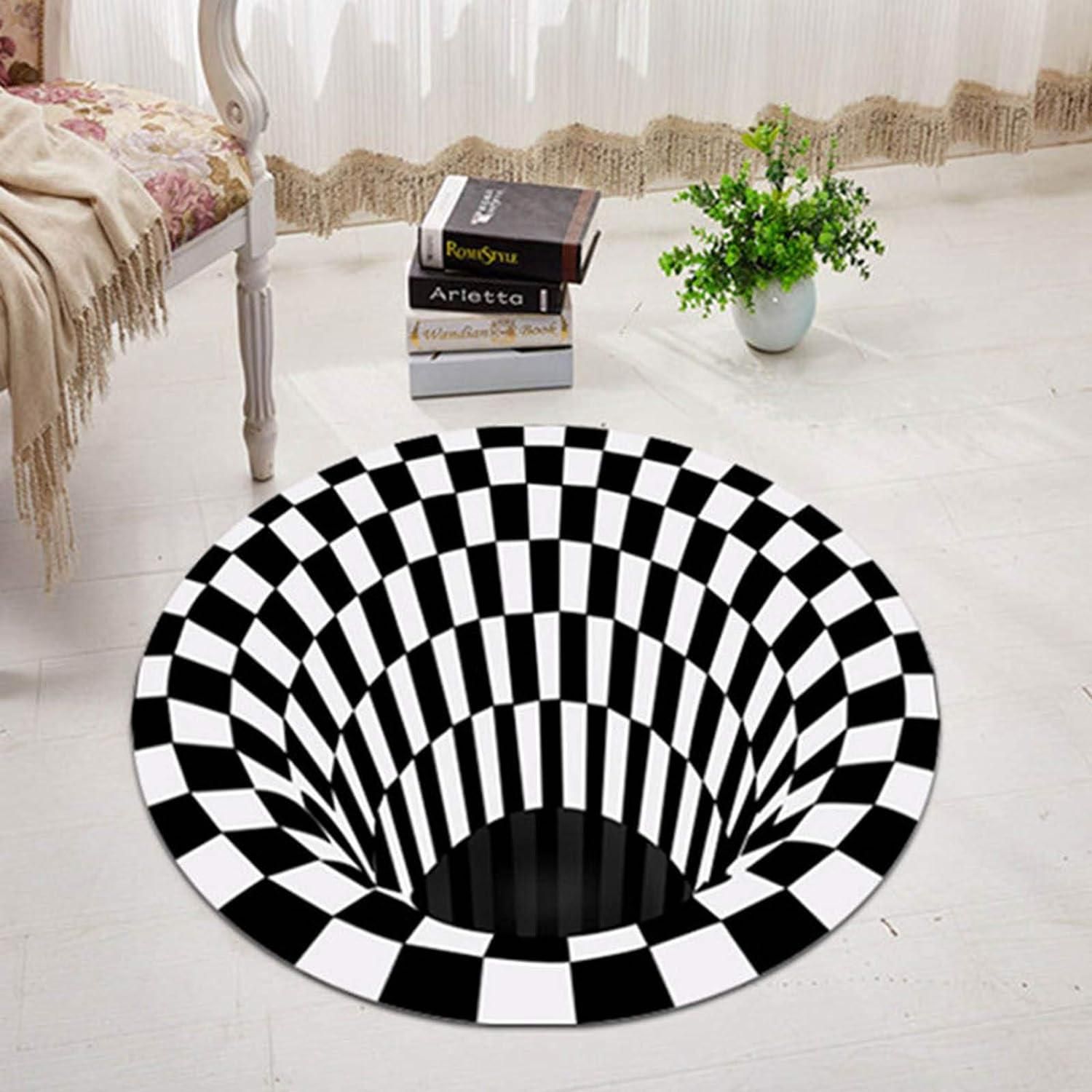 CheckMat: Realistic 3D Illusion Checkered Rug – Anti-Skid Round Carpet for Bedroom, Living Room & Office (60cm Diameter)